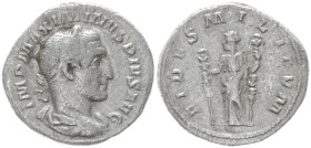 Maximinus Thrax, 235-238 AD. AR, Denarius. 2.45 g. 18.91 mm. Rome.
Obv: IMP MAXIMINVS PIVS AVG. Bust of Maximinus I, laureate, draped, cuirassed, righ...