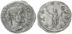 Maximinus Thrax, 235-238 AD. AR, Denarius. 3.32 g. 19.73 mm. Rome.
Obv: IMP MAXIMINVS PIVS AVG. Bust of Maximinus I, laureate, draped, cuirassed, righ...