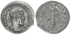 Maximinus Thrax, 235-238 AD. AR, Denarius. 2.85 g. 19.84 mm. Rome.
Obv: IMP MAXIMINVS PIVS AVG. Bust of Maximinus I, laureate, draped, cuirassed, righ...