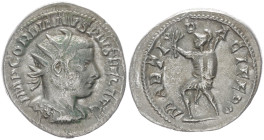 Gordian III, 238-244 AD. AR, Antoninianus. 4.00 g. 25.09 mm. Rome.
Obv: MP GORDIANVS PIVS FEL AVG. Bust of Gordian III, radiate, draped, cuirassed, ri...