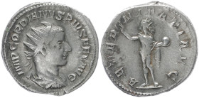 Gordian III, 238-244 AD. AR, Antoninianus. 3.94 g. 22.02 mm. Rome.
Obv: IMP GORDIANVS PIVS FEL AVG. Bust of Gordian III, radiate, draped, cuirassed, r...