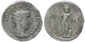 Gordian III, 238-244 AD. AR, Antoninianus. 4.04 g. 21.62 mm. Rome.
Obv: MP GORDIANVS PIVS FEL AVG. Bust of Gordian III, radiate, draped, cuirassed, ri...
