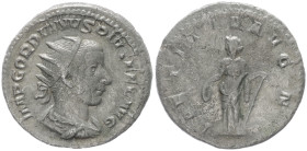 Gordian III, 238-244 AD. AR, Antoninianus. 3.50 g. 22.08 mm. Rome.
Obv: IMP GORDIANVS PIVS FEL AVG. Bust of Gordian III, radiate, draped, cuirassed, r...