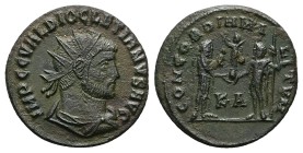 Diocletian, 284-305 AD. AE, Antoninianus. 3.04 g. 20.40 mm. Cyzicus.
Obv: IMP C C VAL DIOCLETIANVS AVG. Radiate and draped bust to right.
Rev: CONCO...