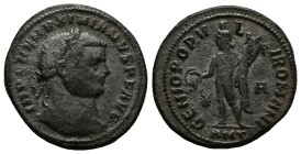 Maximianus Herculius, 286-301 AD. AE, Follis. 9.41 g. 27.17 mm. Antioch.
Obv: IMP C M A MAXIMIANVS P F AVG. Head of Maximianus Herculius, laureate, r...