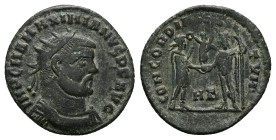 Maximianus Herculius, 286-305 AD. AE, Antoninianus. 2.14 g. 20.13 mm. Heraclea.
Obv: Bust of Maximiananus, radiate, cuirassed, right.
Rev: Maximian,...