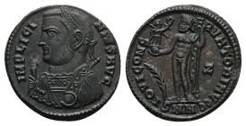 Licinius I, 308-324 AD. AE, Follis. 3.91 g. 19.32 mm. Nicomedia.
Obv: IMP LICINIVS AVG. Bust of Licinius, laureate, wearing imperial mantle and holdi...
