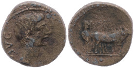 Macedon, Philippi. Augustus, 27 BC-AD 14. AE. 4.35 g. 18.41 mm.
Obv: AVG. Bare head of Augustus, right.
Rev: Two founders driving yoke of oxen right, ...