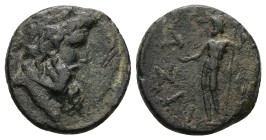 Thraca, Bizya. Pseudo-autonomous, Uncertain date. AE. 5.58 g. 20.26 mm.
Obv: draped bust of Poseidon, r.
Reverse: ΒΙΖV[…]. Nude Zeus standing, facin...