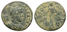 Troas, Alexandreia. Pseudo-autonomous. AE. 3.65 g. 21.35 mm.
Obv: ALEX TRO. Turreted head of Tyche right, vexillum behind
shoulder.
COL AVG […]. Ap...