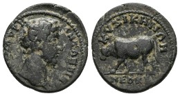 Mysia, Cyzicus. Marcus Aurelius, 161-180 AD. AE. 6.59 g. 23.95 mm.
Obv: Bare head of Marcus Aurelius long beard, right.
Reverse: ΚVΖΙΚΗΝ ΝΕΩΚΟΡ. Bul...