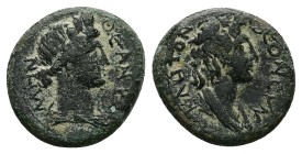 Mysia, Pergamum. Pseudo-autonomous, Time of Claudius-Nero (41-68 AD). AE. 2.87 g. 16.14 mm.
Obv: ΘЄAN PΩMHN. Turreted head of Roma right.
Rev: ΘЄON ...