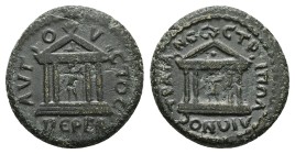 Mysia, Pergamum. Divus Trajan, Died 117 AD. Pollion, strategos. AE. 4.28 g. 18.17 mm.
Obv: ΑΥΓΟΥϹΤΟϹ ΠΕΡΓΑ. Temple with four columns of Augustus on p...