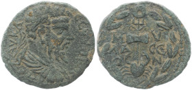 Caria, Mylasa. Septimius Severus, 193-211 AD. AE. 7.68 g. 26.62 mm.
Obv: AV K Λ C CЄVHPOC Π. Laureate, draped and cuirassed bust of Septimius Severus,...