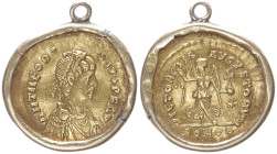 Theodosius II, 402-450 AD. AV, Tremissis. 1.88 g. 17.59 mm. Constantinople.
Obv: D N THEODO-SIVS P F AVG. Bust of Theodosius II, pearl-diademed, drape...
