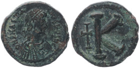 Anastasius I, 491-518 AD. AE, Half Follis. 3.58 g. 20.06 mm. Constantinople. 
Obv: D N ANASTA[SI]VS PP AVG, pearl diademed, draped, cuirassed bust rig...