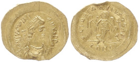 Justinian I, 527-565 AD. AV, Tremissis. 1.46 g. 16.35 mm. Constantinople.
Obv: D N IVSTINIANVS P P AVI. Pearl diademed, draped, cuirassed bust right.
...