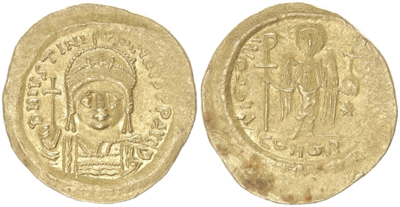 Justinian I, 527-565 AD. AV, Solidus. 4.46 g. 21.16 mm. Constantinople mint. 
Ob...