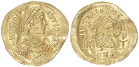 Justinian I, 527-565 AD. AV, Semissis. 2.14 g. 18.55 mm. 1.43 gm. Constantinople. 
Obv: DN IVSTINIANVS PP AVG. Pearl diademed, draped, cuirassed bust ...