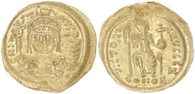 Justin II, 565-578 AD. AV, Solidus. 4.34 g. 19.85 mm AD. Constantinople. 
Obv: DN IVSTI-NVS PP AVG. Helmeted, cuirassed bust facing, with slight beard...