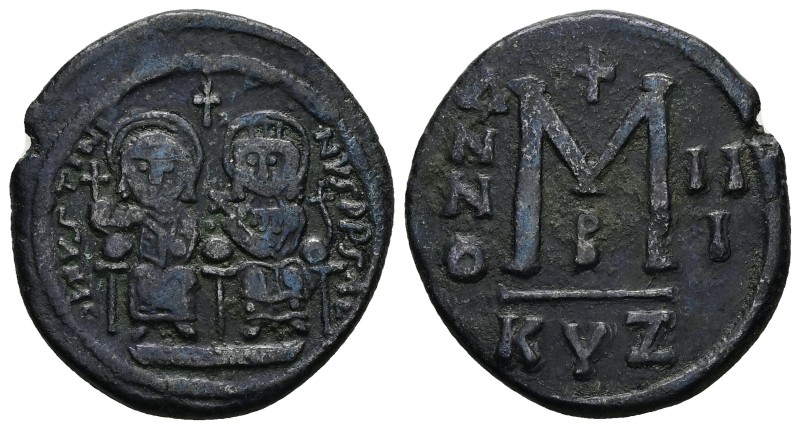 Justin II and Sophia, 565-578 AD. AE, Follis. Kyzikos. 2nd officina. Dated RY 3 ...