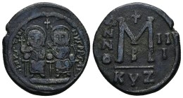 Justin II and Sophia, 565-578 AD. AE, Follis. Kyzikos. 2nd officina. Dated RY 3 (567-568). 14.60 g. 31.76 mm. Cyzicus.
Obv: DN IVSTINVS PP AVG. Justi...