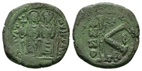 Justin II and Sophia 565-578 AD. AE, Half Follis. 6.25 g. 22.07 mm. Thessalonica.
Obv: [DN] IVSTINVS PP AVG. Justin left and Sophia right, seated fac...