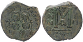 Justin II and Sophia, AE Follis. 565-578 AD. 15.74 g. 28.72 mm. Cyzicus. RY 3 (567-568).
Obv: [DN IVSTI]NVS PP AVG. Justin at left, Sophia at right, s...