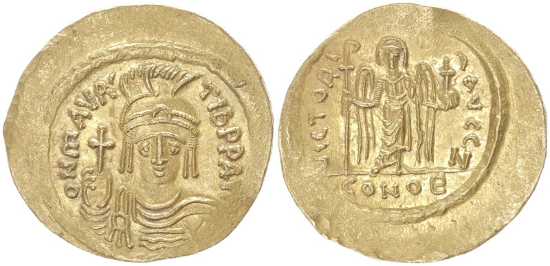 Maurice Tiberius, 582-602 AD. AV, Solidus. 4.42 g. 21.90 mm. Constantinople.
Obv...