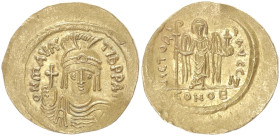 Maurice Tiberius, 582-602 AD. AV, Solidus. 4.42 g. 21.90 mm. Constantinople.
Obv: D N MAVRC TIb PP AVI. Cuirassed bust facing wearing plumed helmet, h...