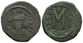 Maurice Tiberius 582-602 AD. AE, Follis. 13.11 g. 31.91 mm. Constantinople. 2nd officina. Dated RY 7 (588-589).
Obv: [DN] MAVRIC TIBER PP AVG. Helmet...