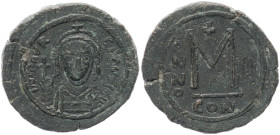 Maurice Tiberius 582-602 AD. AE, Follis. 10.03 g. 27.53 mm. Constantinople. RY 2 (583-584)
Obv: DN MAVRCI [PP AVG]. Crowned, draped and cuirassed bust...