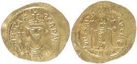 Phocas, 602-610 AD. AV, Solidus. 4.50 g. 24.45 mm. Constantinople. 
Obv: dN N FOCAS PERP AVG. Draped and cuirassed facing bust, wearing crown without ...