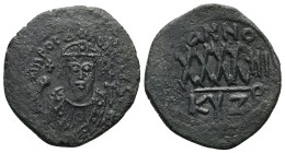 Phocas, 602-610 AD. AE, Follis. 11.23 g. 30.77 mm. Cyzicus.
Obv: DM FOCA [PER AVG], crowned (no pendilia), mantled bust facing, holding mappa and eag...