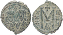 Leo III and Constantine V, 717-741 AD. AE, Follis. 4.81 g. 25.45 mm. Constantinople.
Obv: [L]EOn S COST. The busts of Leo, with short beard, and Const...