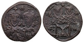 LEO IV The KHAZAR with CONSTANTINE VI, 775-780 AD. AE, Follis. 4.31 g. 23.21 mm. Constantinople.
Obv: Frontal busts of Constantine VI and Leo IV each...