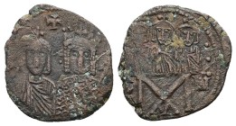 Constantine VI and Irene, 780-797 AD. AE, Follis. 2.94 g. 21.65 mm. Constantinople.
Obv: Crowned busts of Constantine VI, wearing chlamys, holding cr...