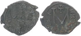 Nicephorus I 802-811 AD. AE, Follis. 4.57 g. 25.96 mm. Constantinople. 
Obv: No legend, crowned busts facing of Nicephorus with short beard, on left a...