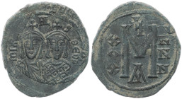 Michael I and Theophylactus 811-813 AD. AE, Follis. 4.99 g. 24.84 mm. Constantinople. 
Obv: MIKAXHL S ΘEOF, crowned busts facing of Michael with short...