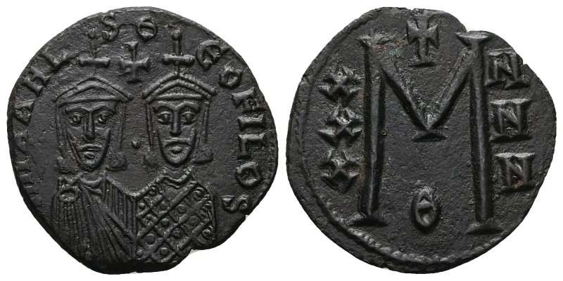 Michael II and Theophilus, 820-829 AD. AE, Follis. 7.49 g. 27.05 mm. Constantino...