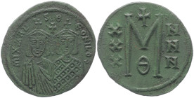 Michael II and Theophilus 820-829 AD. AE, Follis. 7.60 g. 30.42 mm. Constantinople. 
Obv: mIXAHL S ΘEOFILOS, Michael, with crown and chlamys, short be...