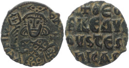 Theophilus, 830-842 AD. AE, Follis. 4.41 g. 24.66 mm. Constantinople. 
Obv: [ThEO]FIL bA[SIL. Crowned, three-quarter length figure of Theophilus facin...