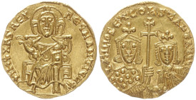 Basil I, 867-886 AD. AV, Solidus. 4.38 g. 20.21 mm. Constantinople. 
Obv: +IhS XPS REX REGNANTIUM. Christ enthroned facing, nimbate, raising right han...