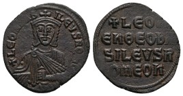 Leo VI the Wise, 886-912 AD. AE, Follis. 5.97 g. 25.75 mm. Constantinople.
Obv: + LЄO[Һ] ЬASILЄVS RO[M]. Frontal bust of Leo VI with short beard wear...