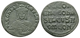 Leo VI the Wise, 886-912 AD. AE, Follis. 5.03 g. 25.57 mm. Constantinople.
Obv: + LЄOҺ ЬASILЄVS RO[M]. Frontal bust of Leo VI with short beard wearin...