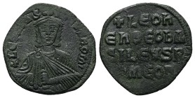 Leo VI the Wise 886-912 AD. AE, Follis. 5.77 g. 25.36 mm. Constantinople.
Obv: + LЄ[OҺ ЬA]S[ILЄVS] ROM. Frontal bust of Leo VI with short beard weari...