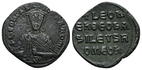 Leo VI the Wise 886-912 AD. AE, Follis. 5.79 g. 26.95 mm. Constantinople.
Obv: + LЄOҺ ЬA[SILЄV]S ROM. Frontal bust of Leo VI with short beard wearing...