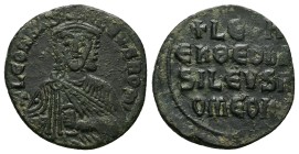 Leo VI the Wise 886-912 AD. AE, Follis. 5.89 g. 24.44 mm. Constantinople.
Obv: + LЄOҺ Ь[A]S[I]LЄVS ROM. Frontal bust of Leo VI with short beard weari...