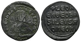 Leo VI the Wise 886-912 AD. AE, Follis. 7.98 g. 26.57 mm. Constantinople.
Obv: + LЄOҺ ЬASILЄVS ROM. Frontal bust of Leo VI with short beard wearing c...