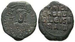 Nicephorus II Phocas, 963-969 AD. AE, Follis. 9.46 g. 26.50 mm. Constantinople.
Obv: NICIFR bASIL RW. Facing bust of Nicephorus II Phocas, bearded, w...